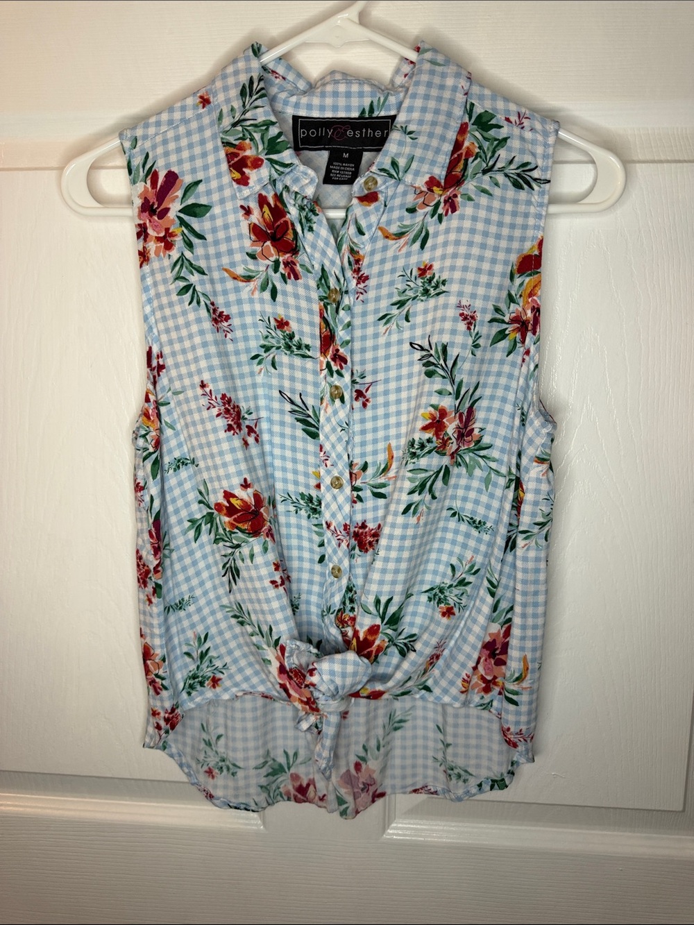Polly & Esther Blue Gingham Floral Tie-Front Sleeveless Top